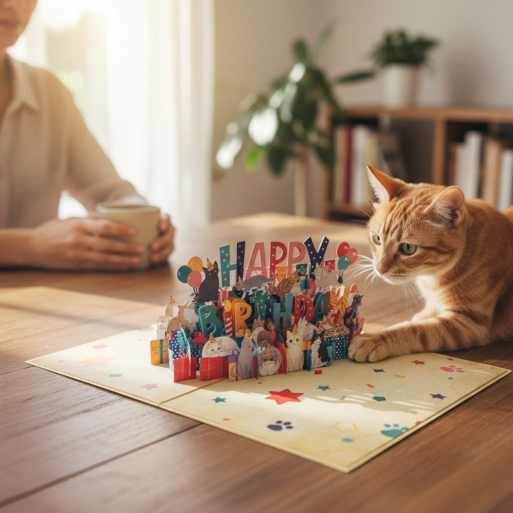Color Pop Cards Happy Birthday pop-up card with cats, balloons, and presents. Features 3D cats and colorful text.