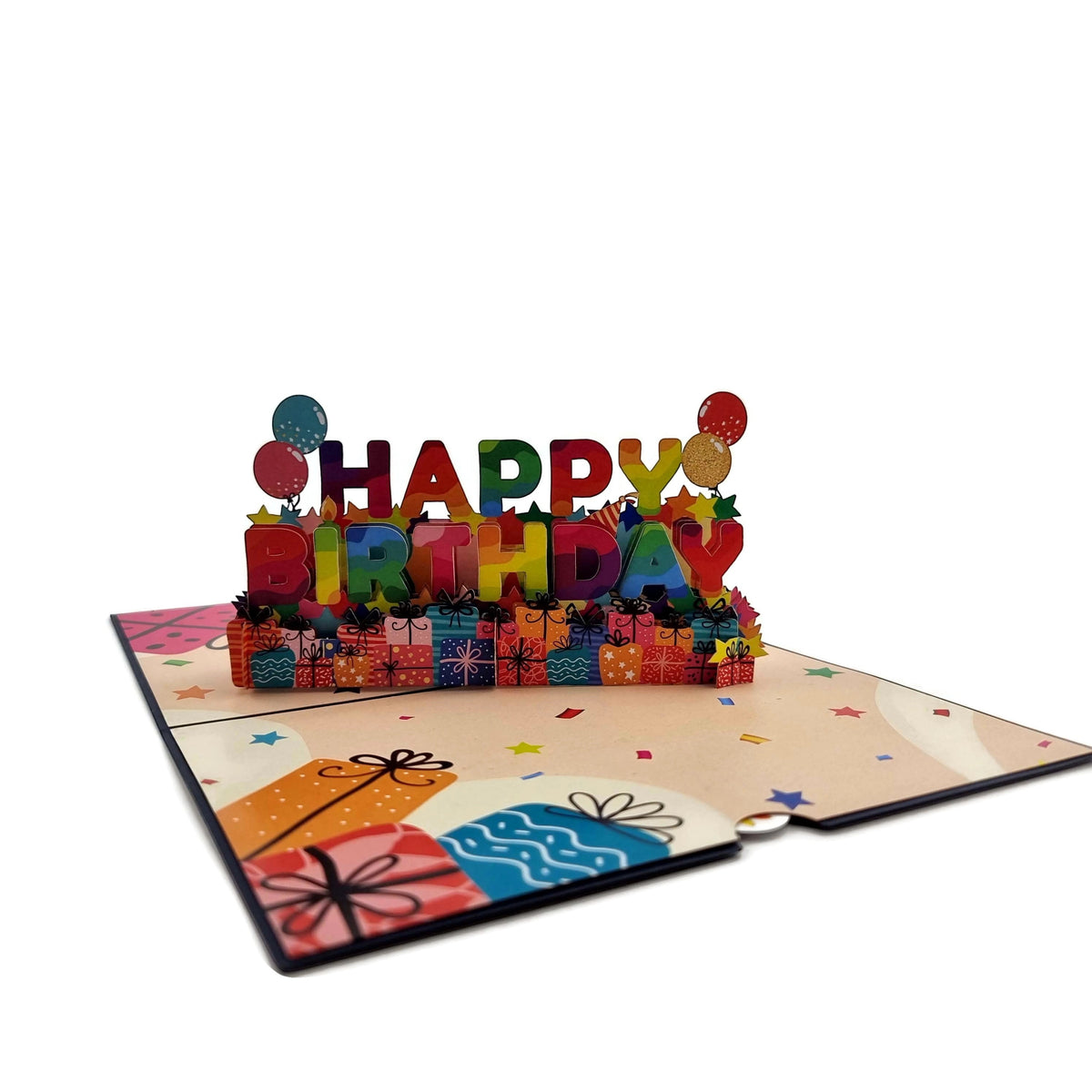 Color Pop Cards Happy Birthday pop-up card with rainbow lettering, gifts, and balloons. 12x18cm.