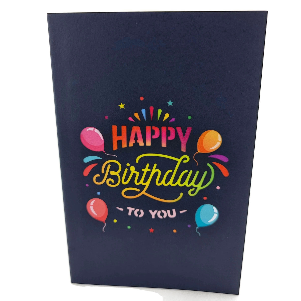 Color Pop Cards Happy Birthday pop-up card with colorful gifts and balloons. Features 3D design and "Happy Birthday To You" lettering.