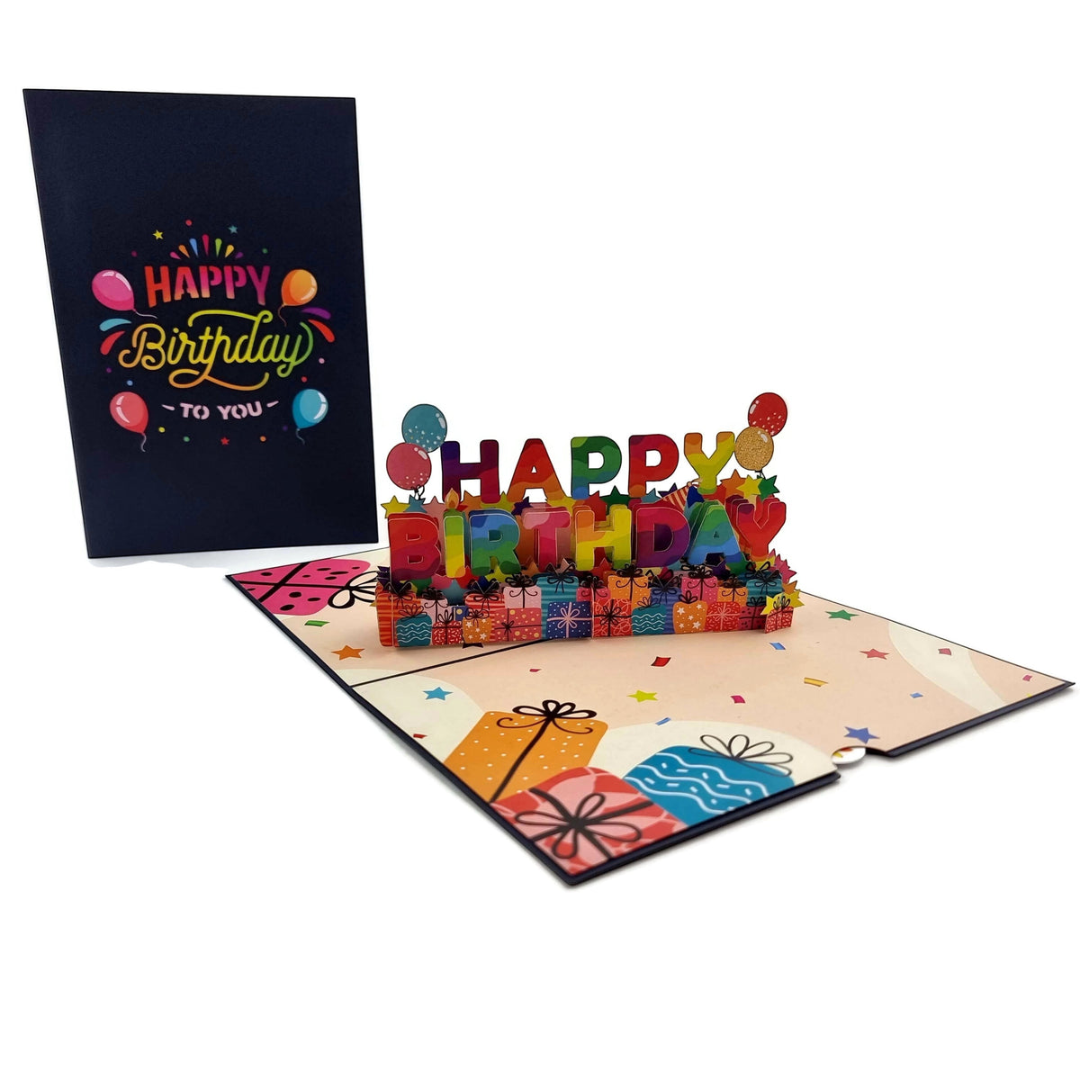 Color Pop Cards Happy Birthday pop-up card with rainbow lettering, gifts, and balloons. Includes envelope.
