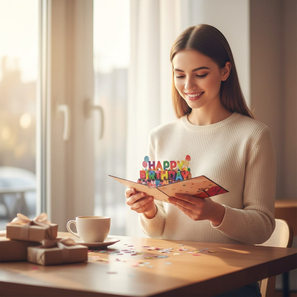 Color Pop Cards Happy Birthday pop-up card with colorful gifts and balloons. 12x18cm.