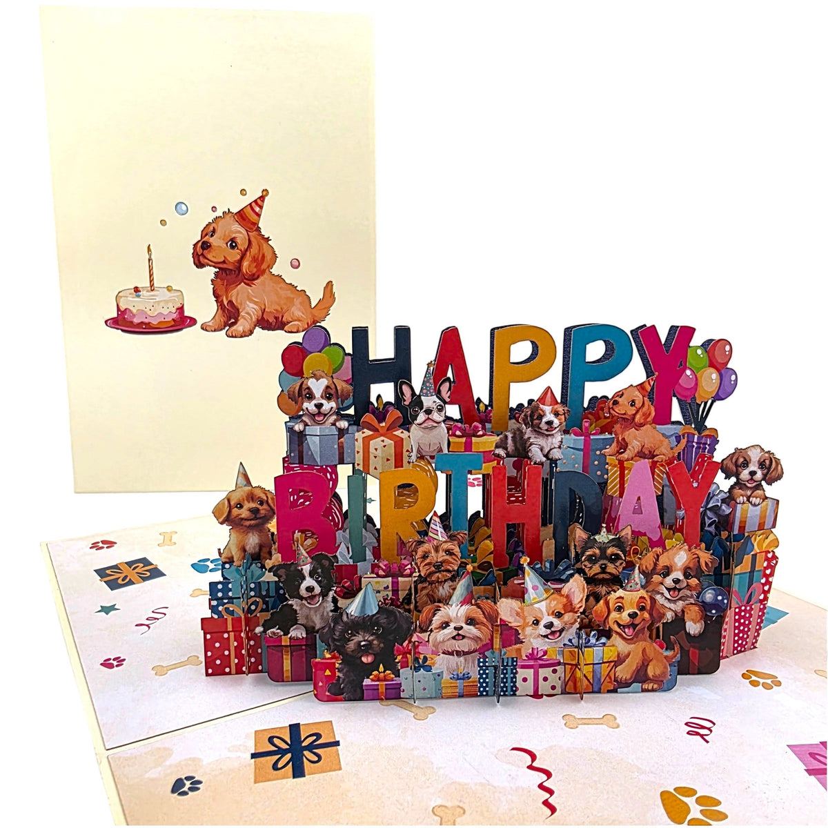 Color Pop Cards Happy Birthday Puppy pop-up card with 3D puppies, presents, and balloons. Includes envelope.