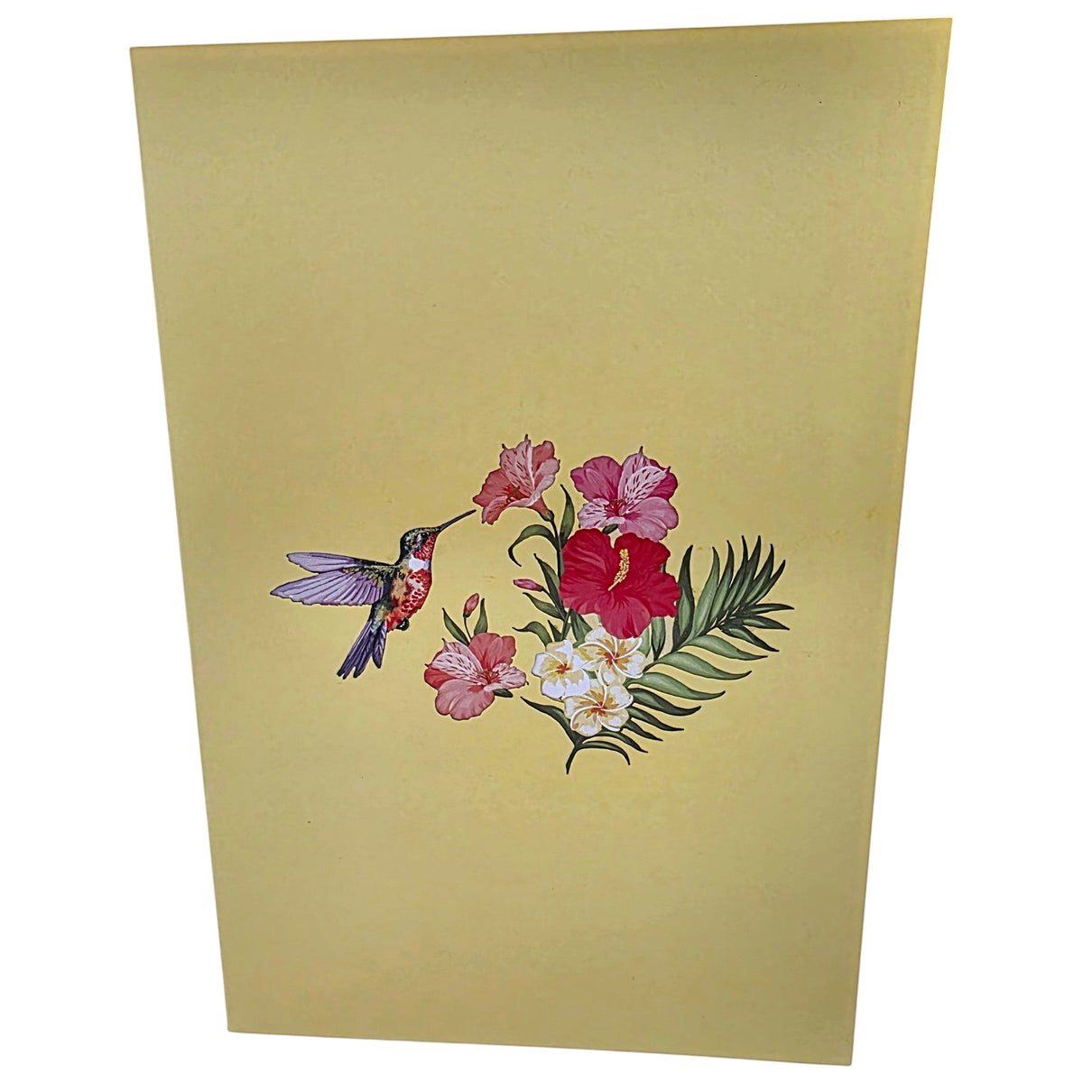Color Pop Cards yellow pop-up greeting card with hummingbird and hibiscus flowers.