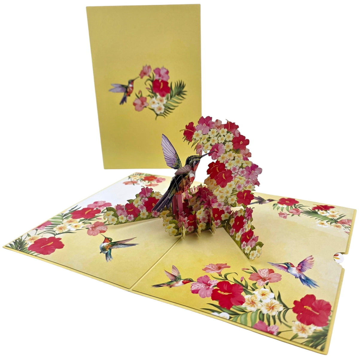 Color Pop Cards hummingbird and floral pop-up greeting card with 3D papercraft.