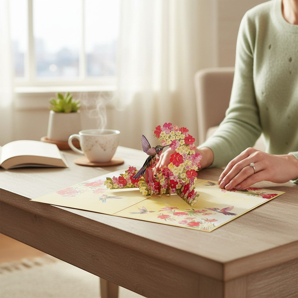 Color Pop Cards hummingbird and floral pop-up greeting card with 3D hummingbird and hibiscus flowers.