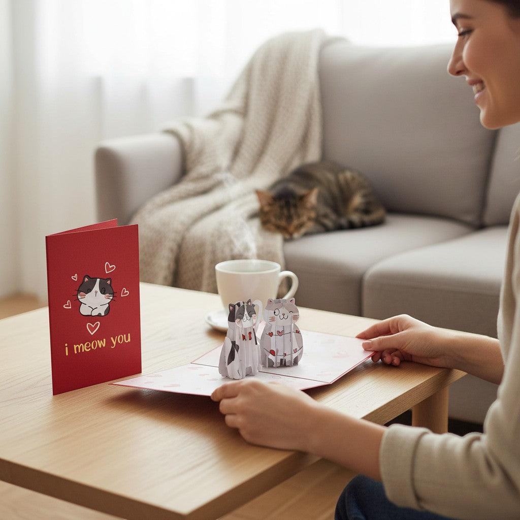 Color Pop Cards I Meow You pop-up card featuring two cats and hearts, with a red exterior.