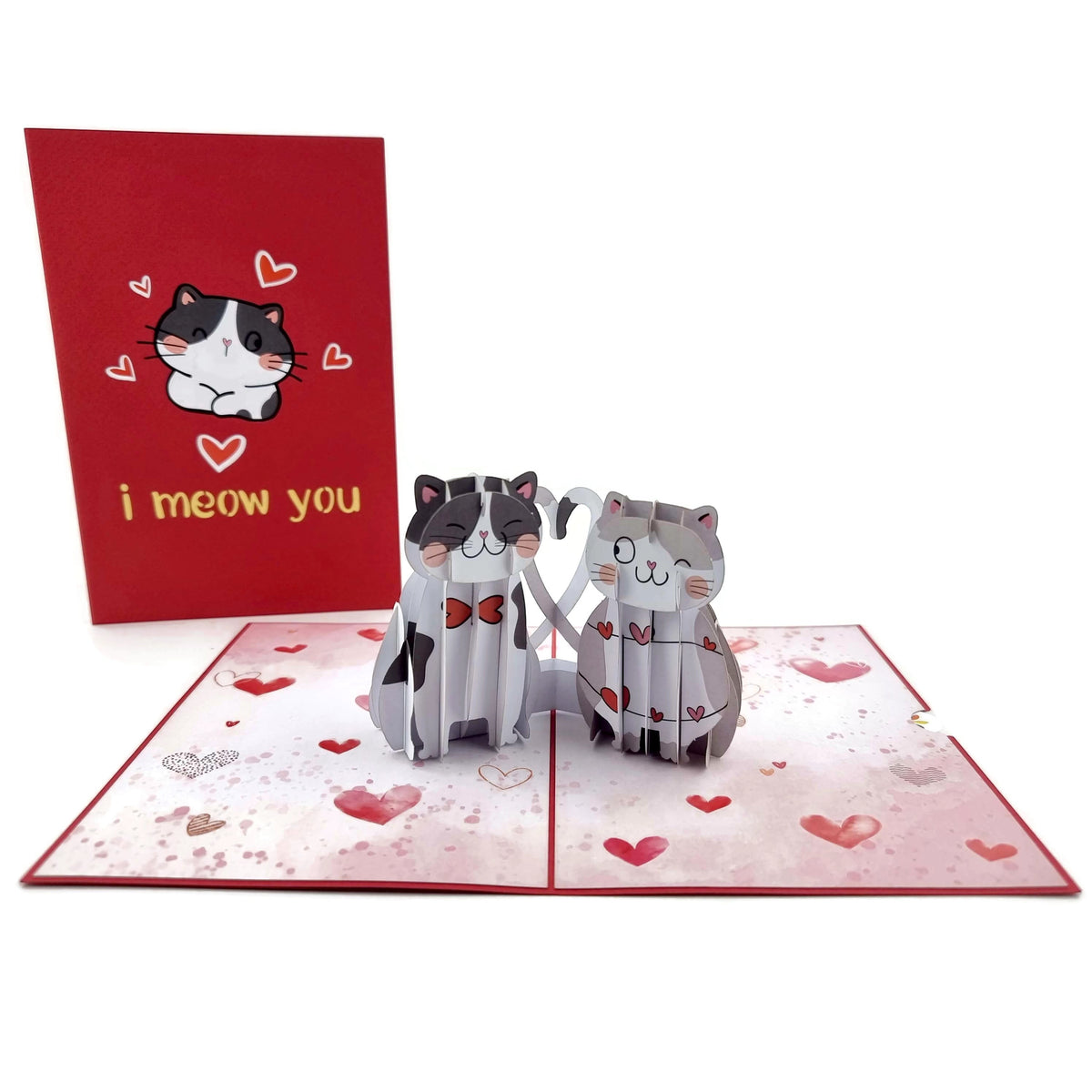 Color Pop Cards I Meow You pop-up card featuring two cute cats with intertwined tails and hearts.