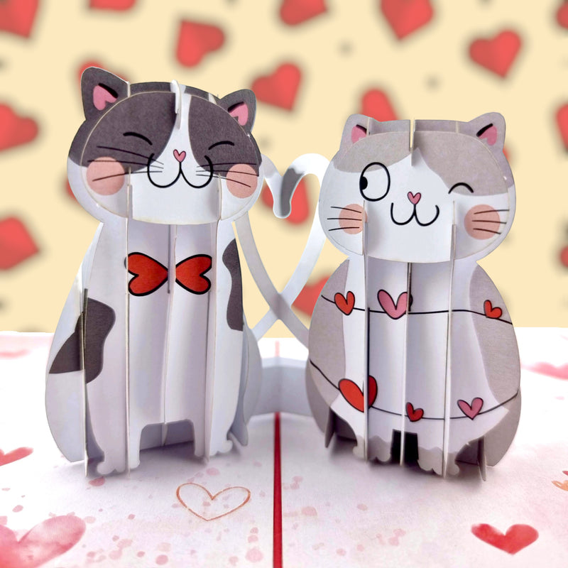 Color Pop Cards I Meow You pop up card featuring two cute cats with hearts, one wearing a red bow tie.