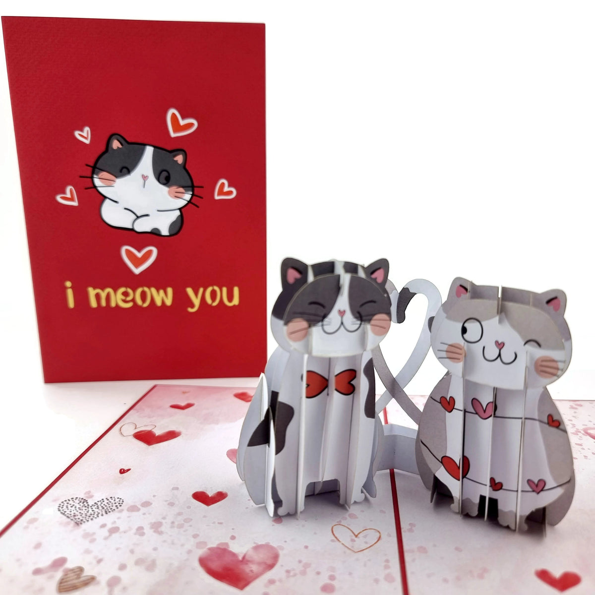 Color Pop Cards I Meow You pop-up card featuring two cute cats and hearts. Ideal for Valentine's Day.