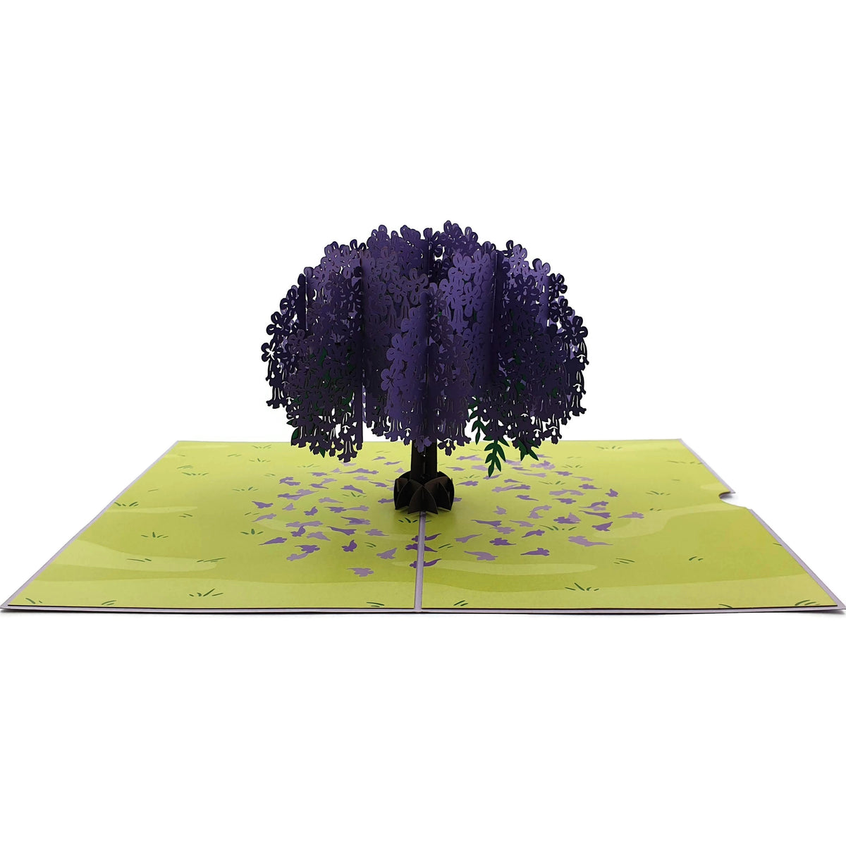 Color Pop Cards Jacaranda Tree pop-up card with purple flowers and green field. Blank interior.