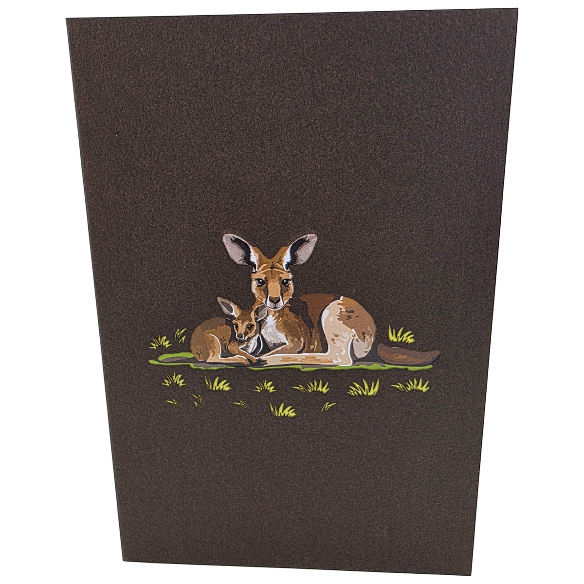 Color Pop Cards Kangaroo and Joey pop-up card featuring a mother kangaroo with joey in pouch, on brown textured cardstock.