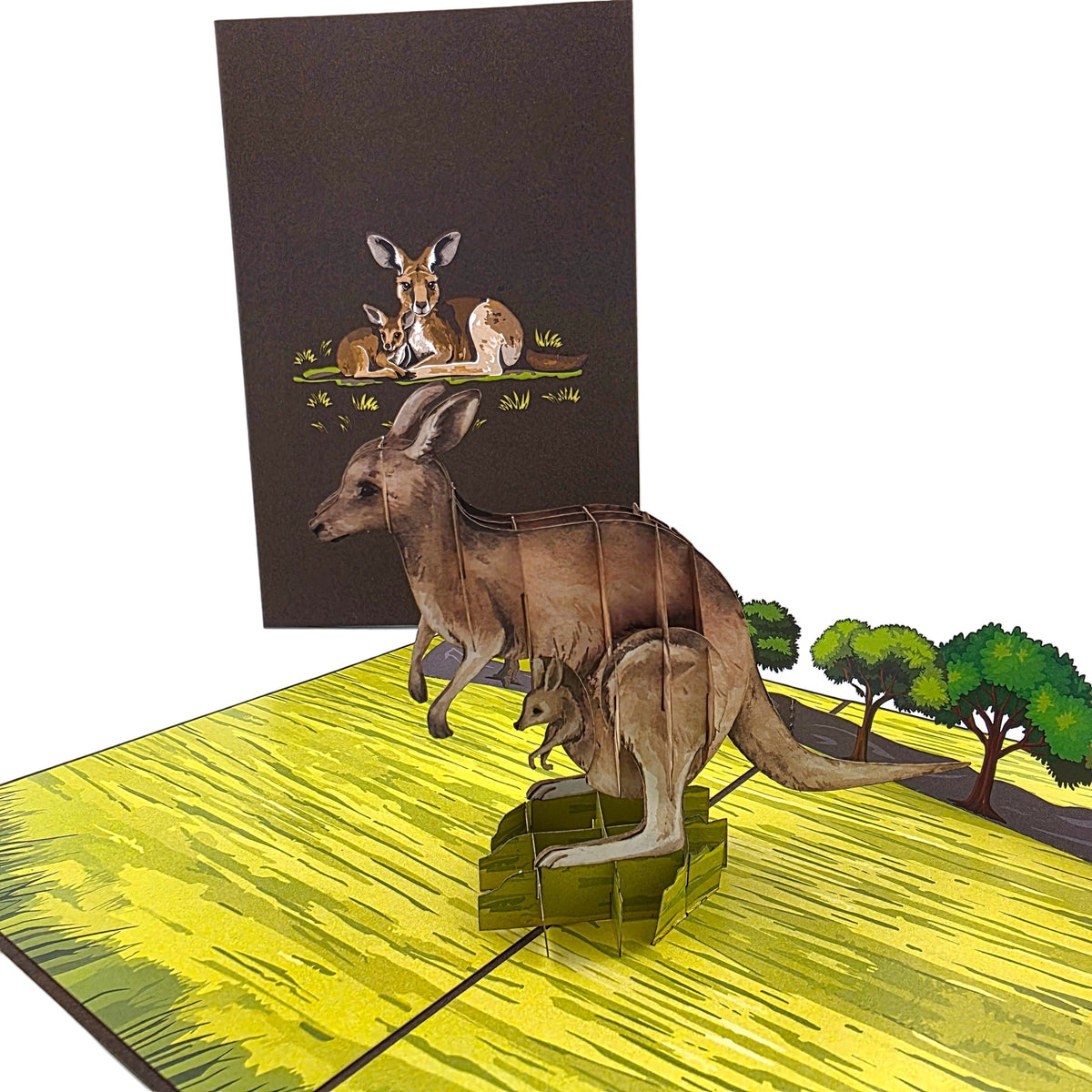 Color Pop Cards Kangaroo and Joey pop-up card featuring a 3D kangaroo with joey in pouch, on a green grassy landscape.