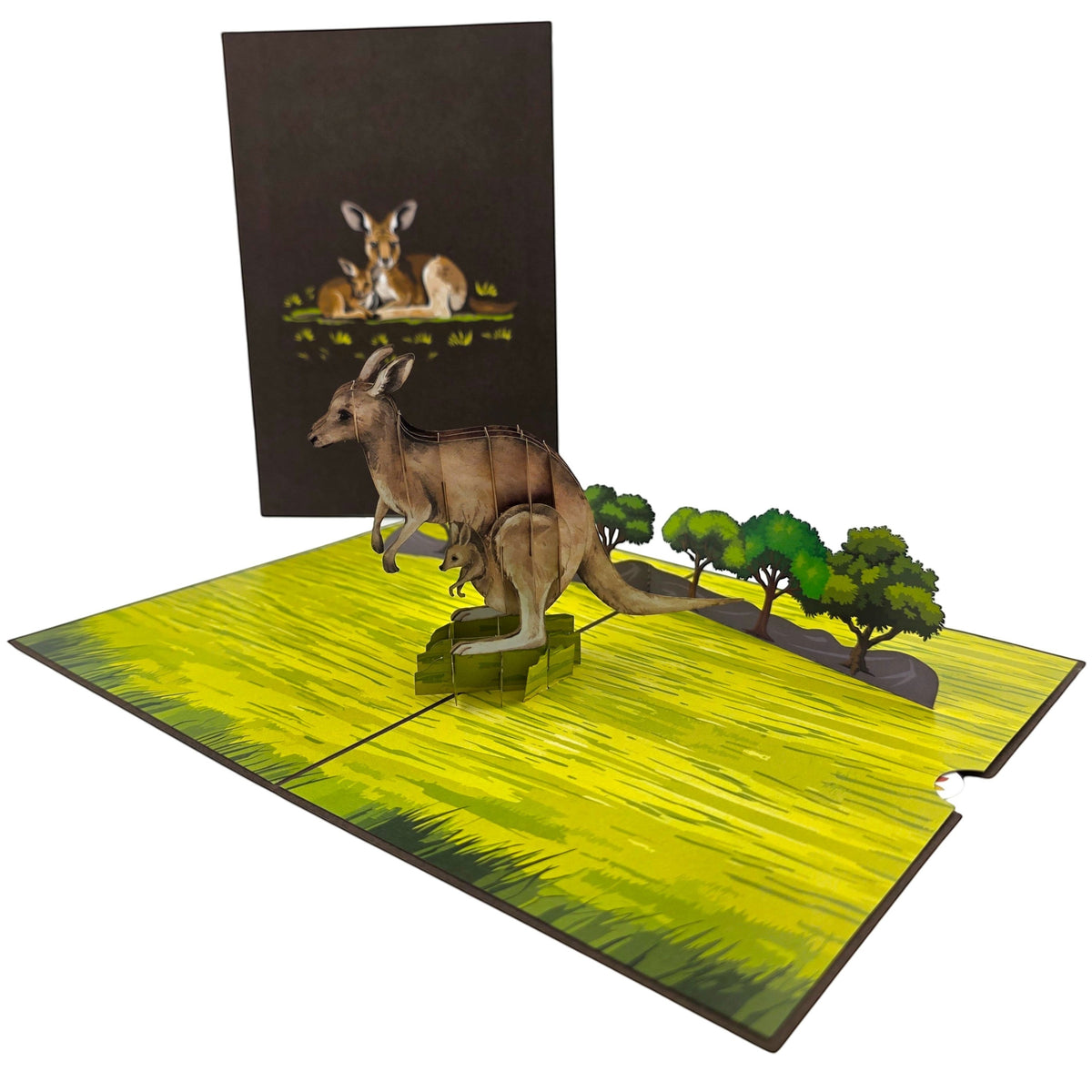 Color Pop Cards Kangaroo and Joey pop-up card with 3D kangaroo and joey on a green grassy landscape.
