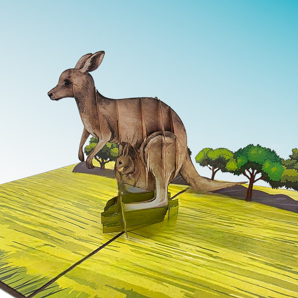 Color Pop Cards Kangaroo and Joey pop-up card with joey in pouch, set in a grassy landscape.