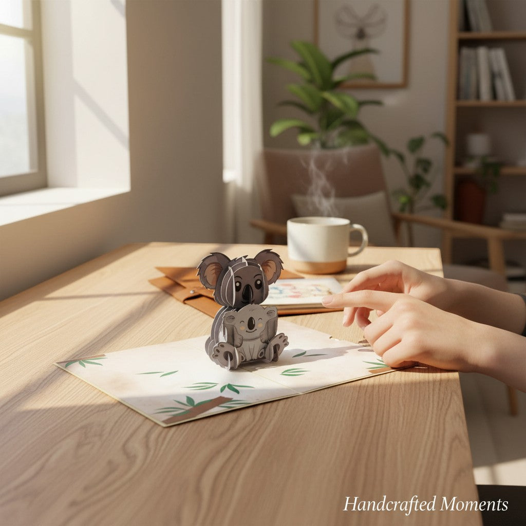 Color Pop Cards Koala & Baby pop-up card, a 3D paper sculpture of a koala holding a baby koala, with bamboo leaf accents.