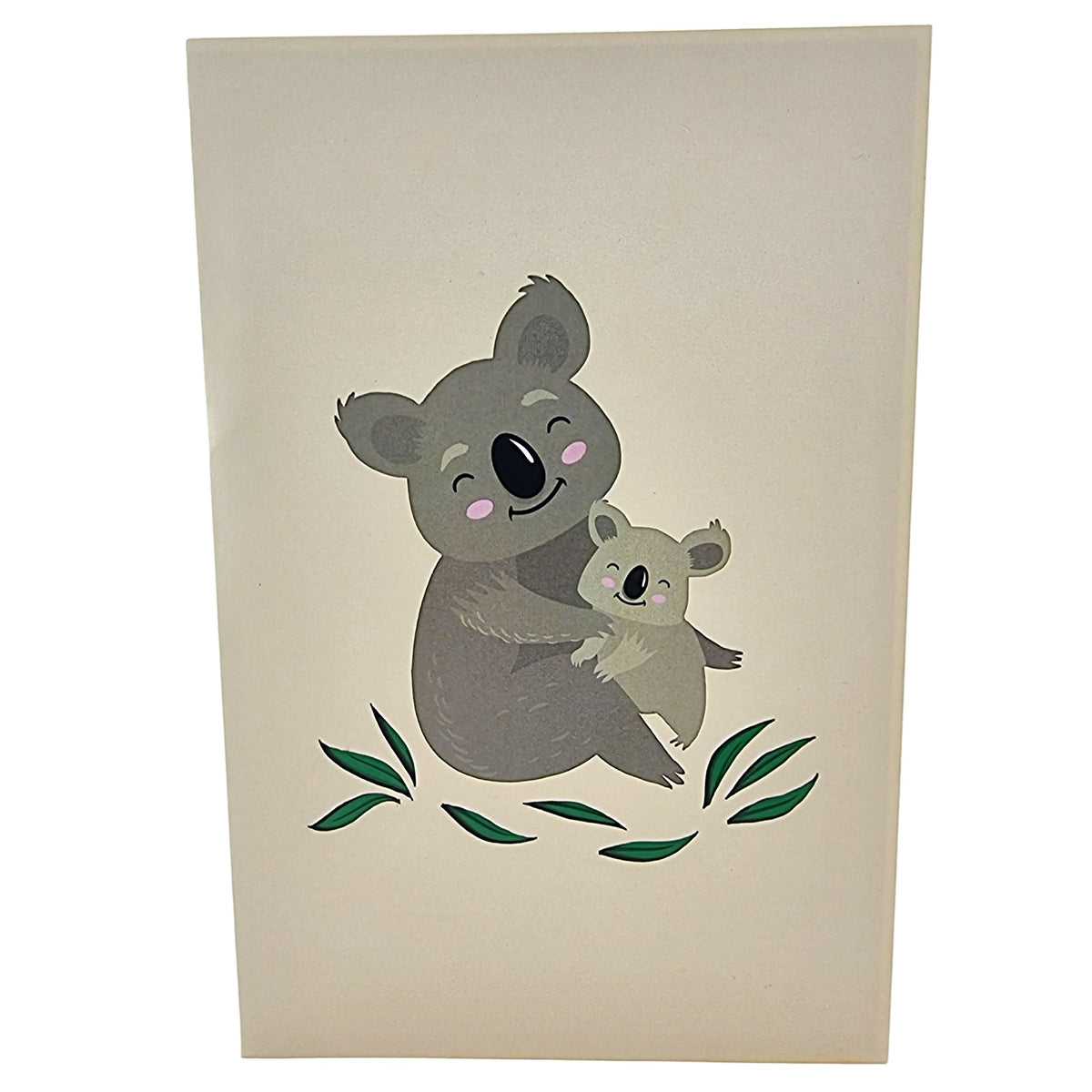 Color Pop Cards Koala Family Pop Up Card with mother and baby koala illustration, beige card with green leaves.