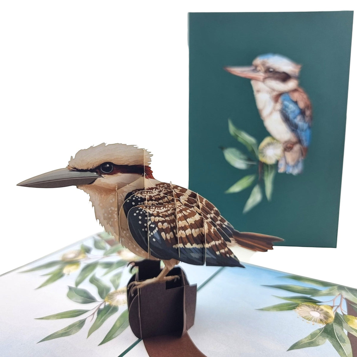 Color Pop Cards Kookaburra pop-up card with intricate 3D bird design on a gum tree branch.