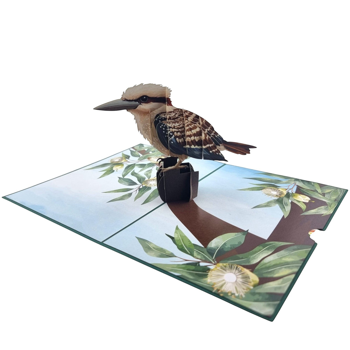 Color Pop Cards Kookaburra pop-up card with 3D bird on a gum tree branch with flowers. Blue sky background.