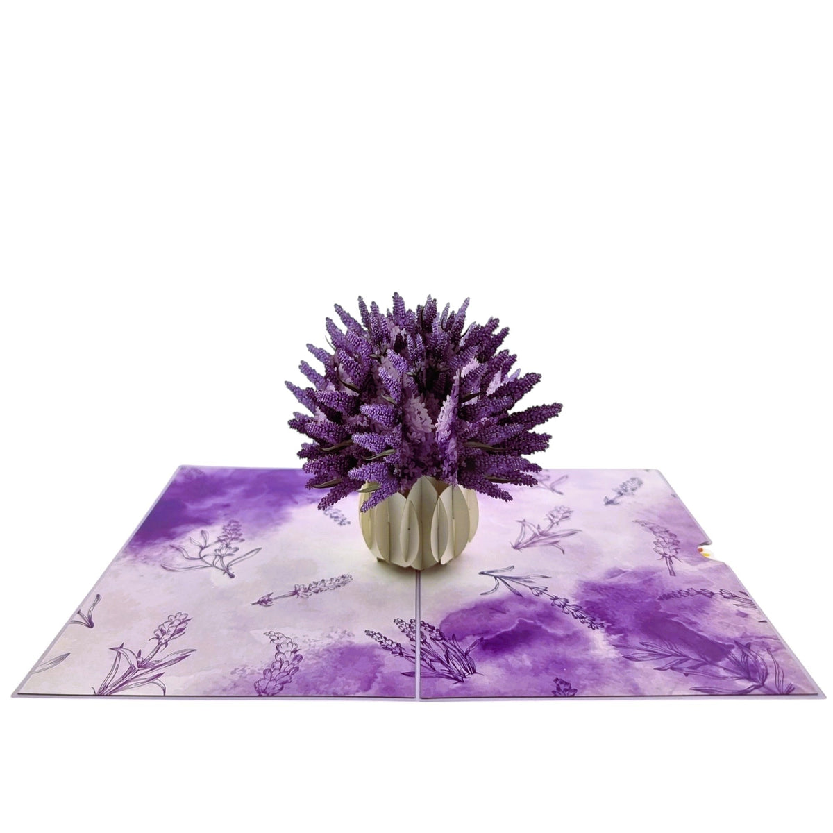 Color Pop Cards Lavender Flower Pop Up Card with white vase and purple watercolor background.