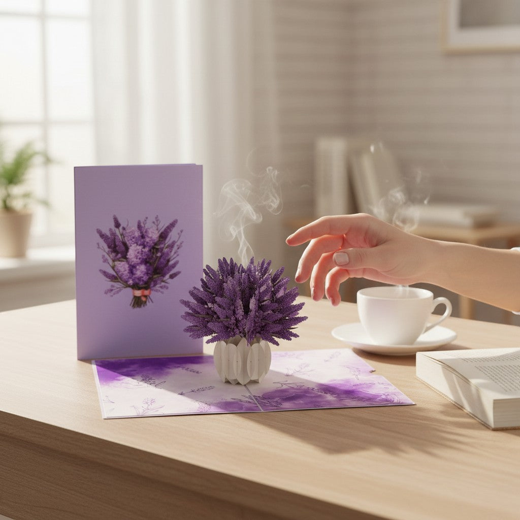 Color Pop Cards Lavender Flower Pop Up Card with a white vase and bouquet inside, on a table with a hand reaching out.