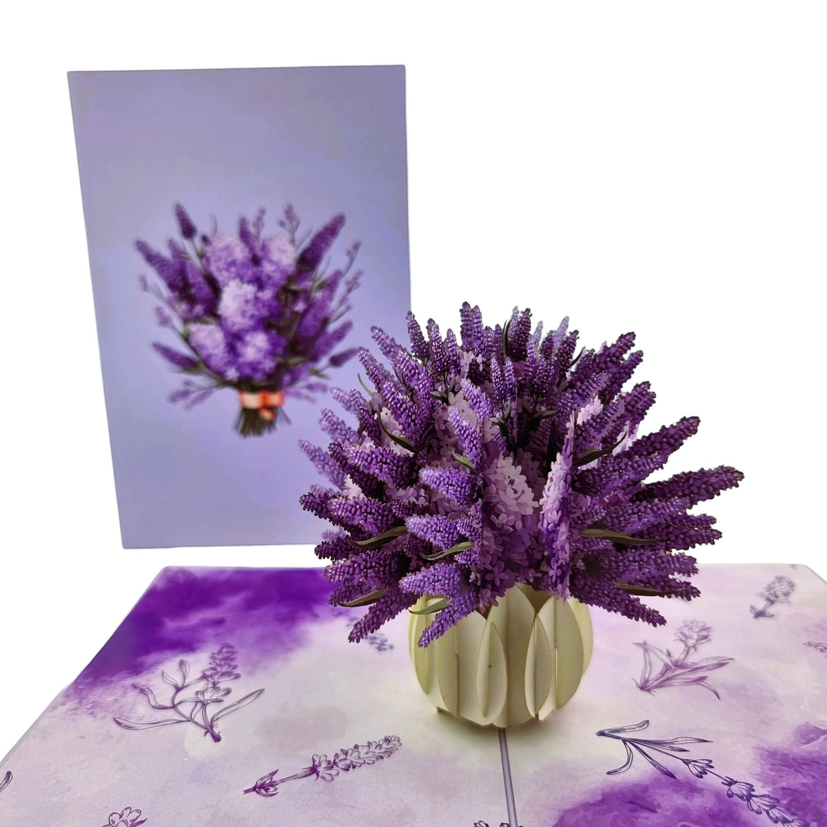 Color Pop Cards Lavender Flower Pop Up Card with a white vase and lavender bouquet inside. Features lavender illustration on the card cover.