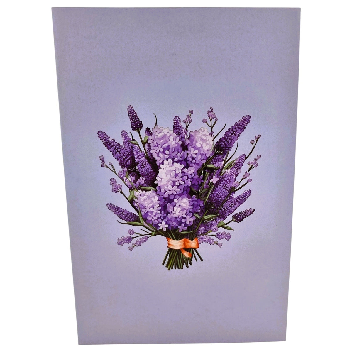 Color Pop Cards lavender flower pop up card with vase, featuring a bouquet of purple lavender tied with an orange ribbon.