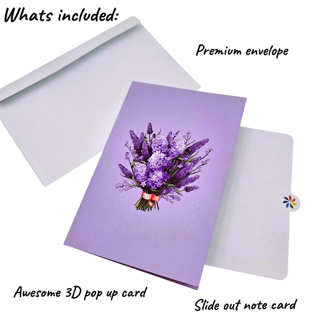 Color Pop Cards lavender flower pop up card with vase and envelope. Features a bouquet of purple lavender tied with a red ribbon.