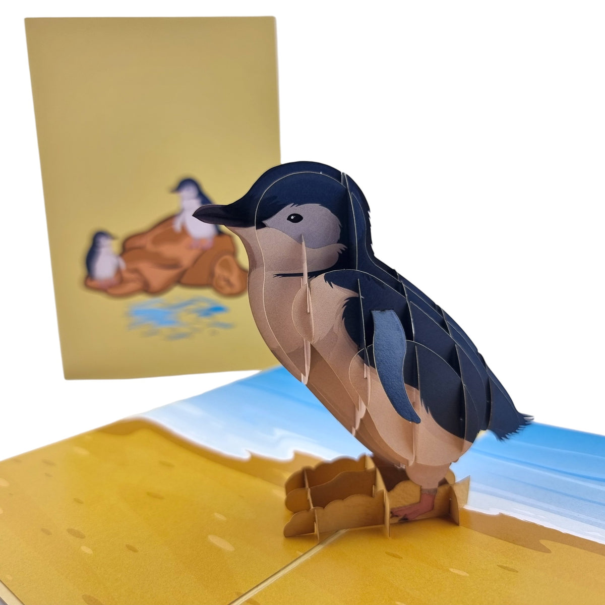 Color Pop Cards Little Penguin pop-up card featuring a 3D penguin on a beach scene. Includes envelope.