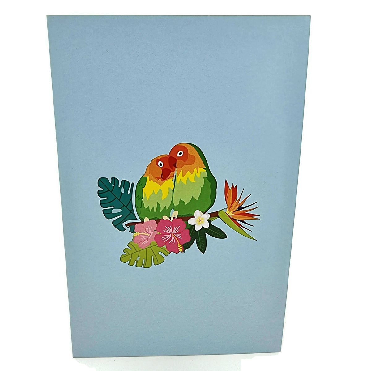 Color Pop Cards Love Birds Pop-Up Card with two green and yellow lovebirds on a branch with tropical flowers.