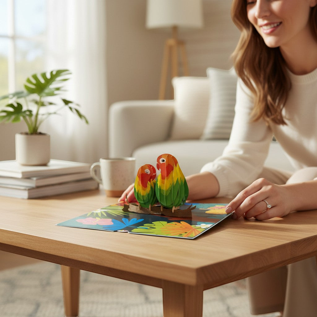 Color Pop Cards Love Birds pop-up card with two colorful lovebirds on a branch, surrounded by tropical flowers.
