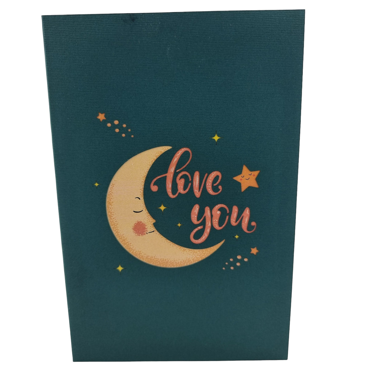 Color Pop Cards teal pop-up card featuring a crescent moon with a face, stars, and the words "love you" in coral script.