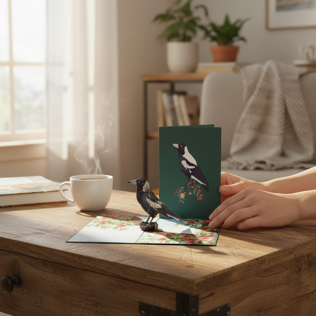 Color Pop Cards 3D pop-up card featuring a black and white magpie on a branch with red gumnut flowers.