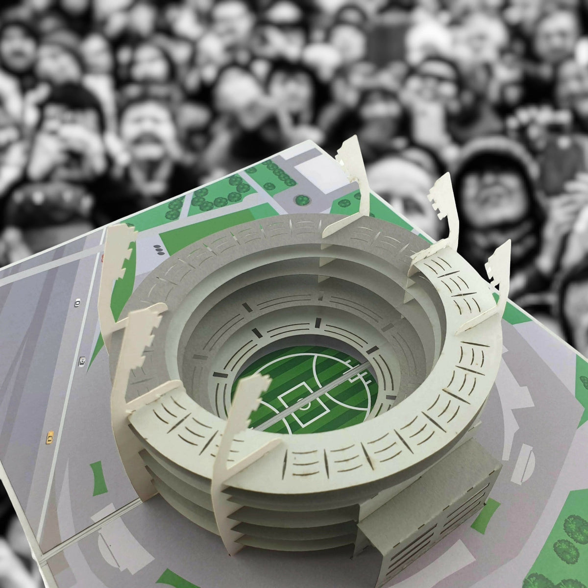 Color Pop Cards MCG pop up card featuring a detailed model of the Melbourne Cricket Ground stadium with light towers and a green field.