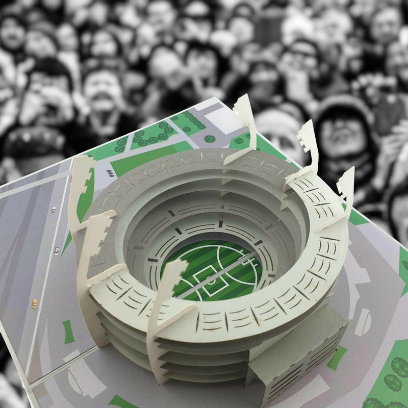 Color Pop Cards MCG pop up card featuring a detailed model of the Melbourne Cricket Ground stadium with light towers and a green field.