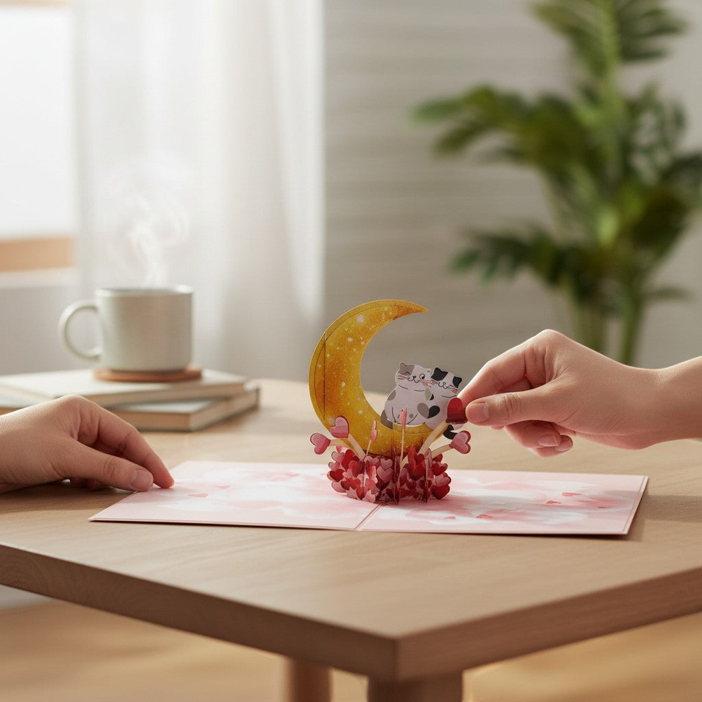 Color Pop Cards Meow Forever pop-up card featuring two cats on a crescent moon surrounded by hearts. Perfect for Valentine's Day.