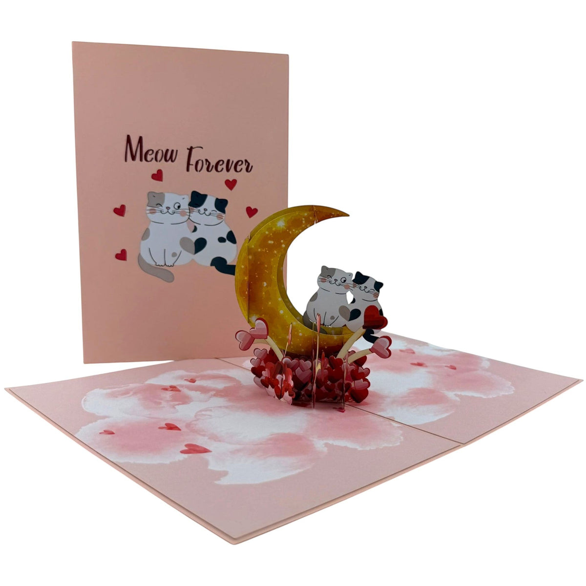 Color Pop Cards Meow Forever pop-up card featuring two cats on a golden moon with pink hearts. Card is pink with "Meow Forever" text.