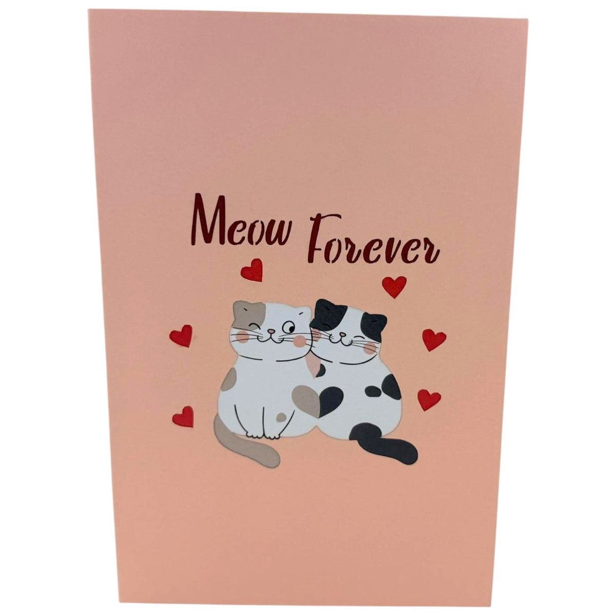 Color Pop Cards Meow Forever pop-up card featuring two cute cats embracing under a moon, surrounded by hearts. Perfect for Valentine's Day.