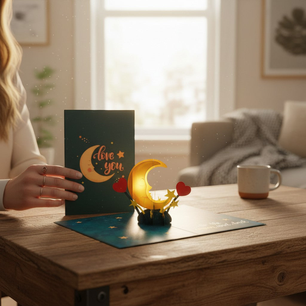 Color Pop Cards Love You To The Moon and Back pop-up card with a smiling moon and red hearts.