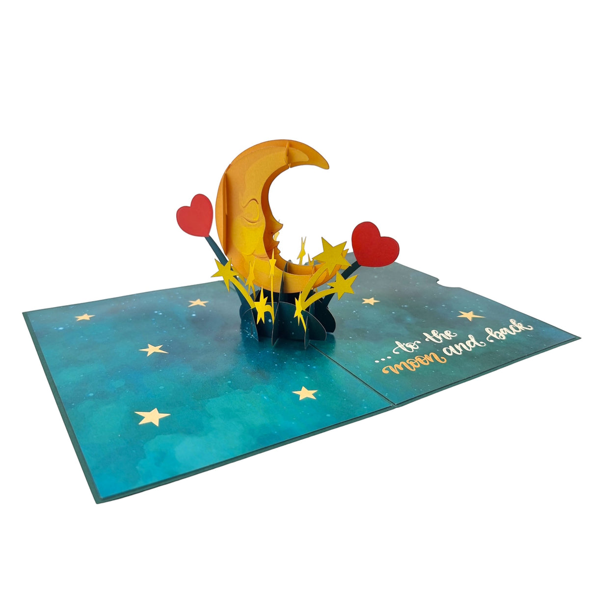 Color Pop Cards Love You To The Moon and Back pop-up card featuring a crescent moon with a face, stars, and red hearts.