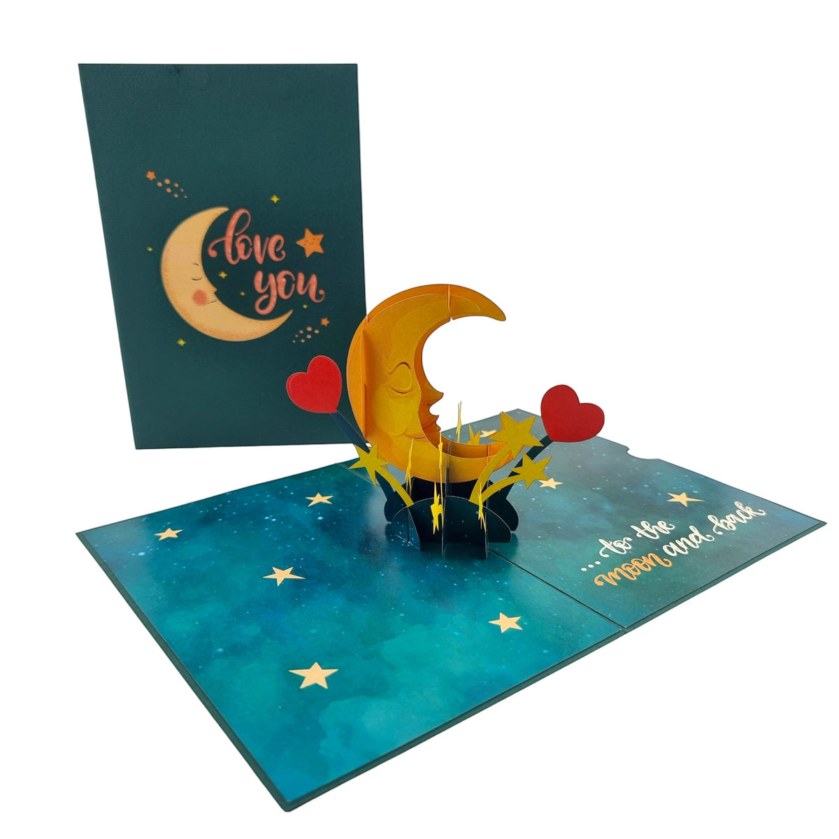 Color Pop Cards Love You To The Moon and Back pop up card with a crescent moon face and red hearts on a starry night background.