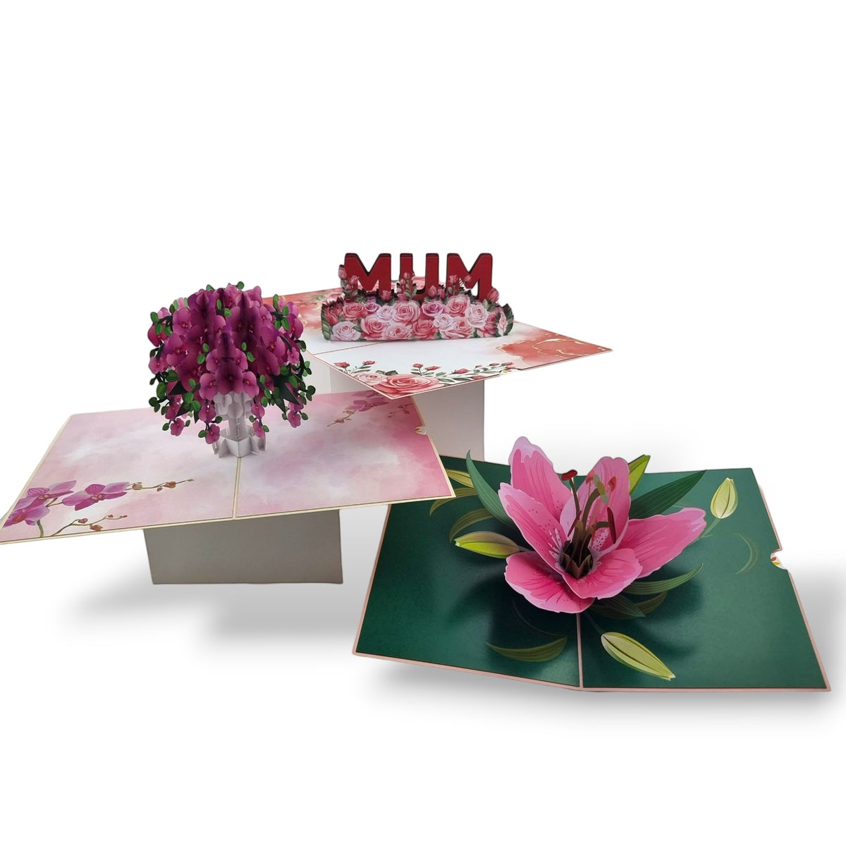 Color Pop Cards Mother's Day 3-pack featuring a pink lily, orchid vase, and 'MUM' floral pop-up cards.
