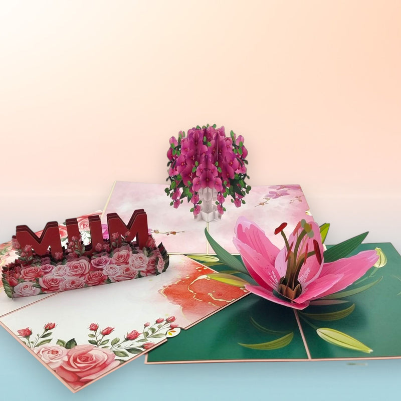 Color Pop Cards Mother's Day 3-pack: Mum pop-up card with roses, pink lily pop-up card, and orchid vase pop-up card.