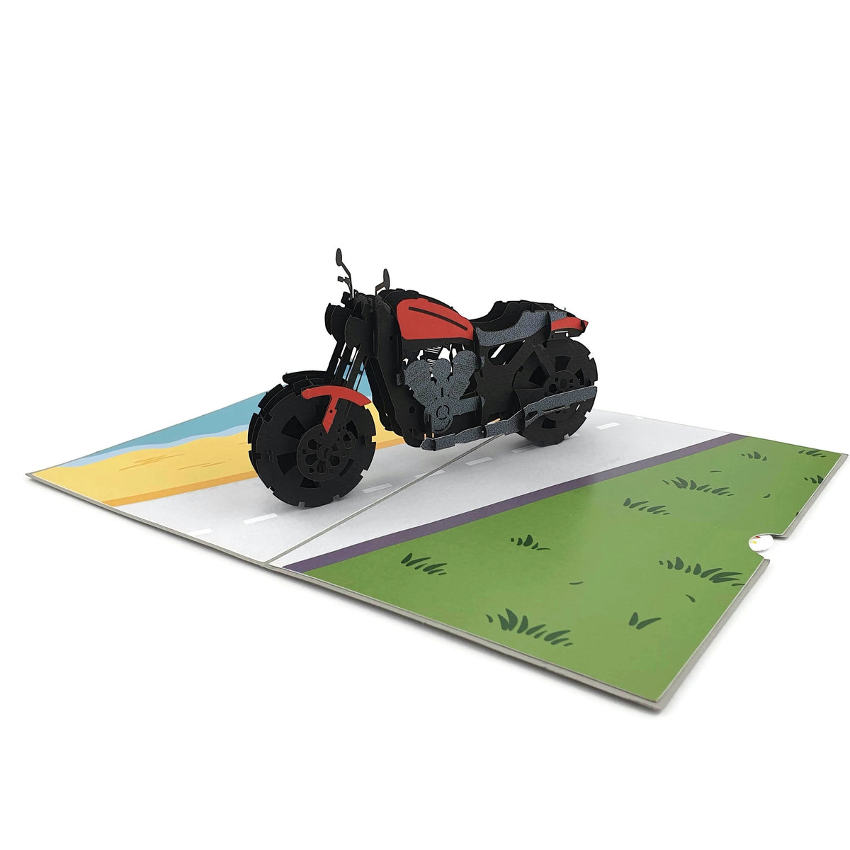 Color Pop Cards 3D pop up card featuring a red and black motorcycle on a road with green grass and yellow sky.