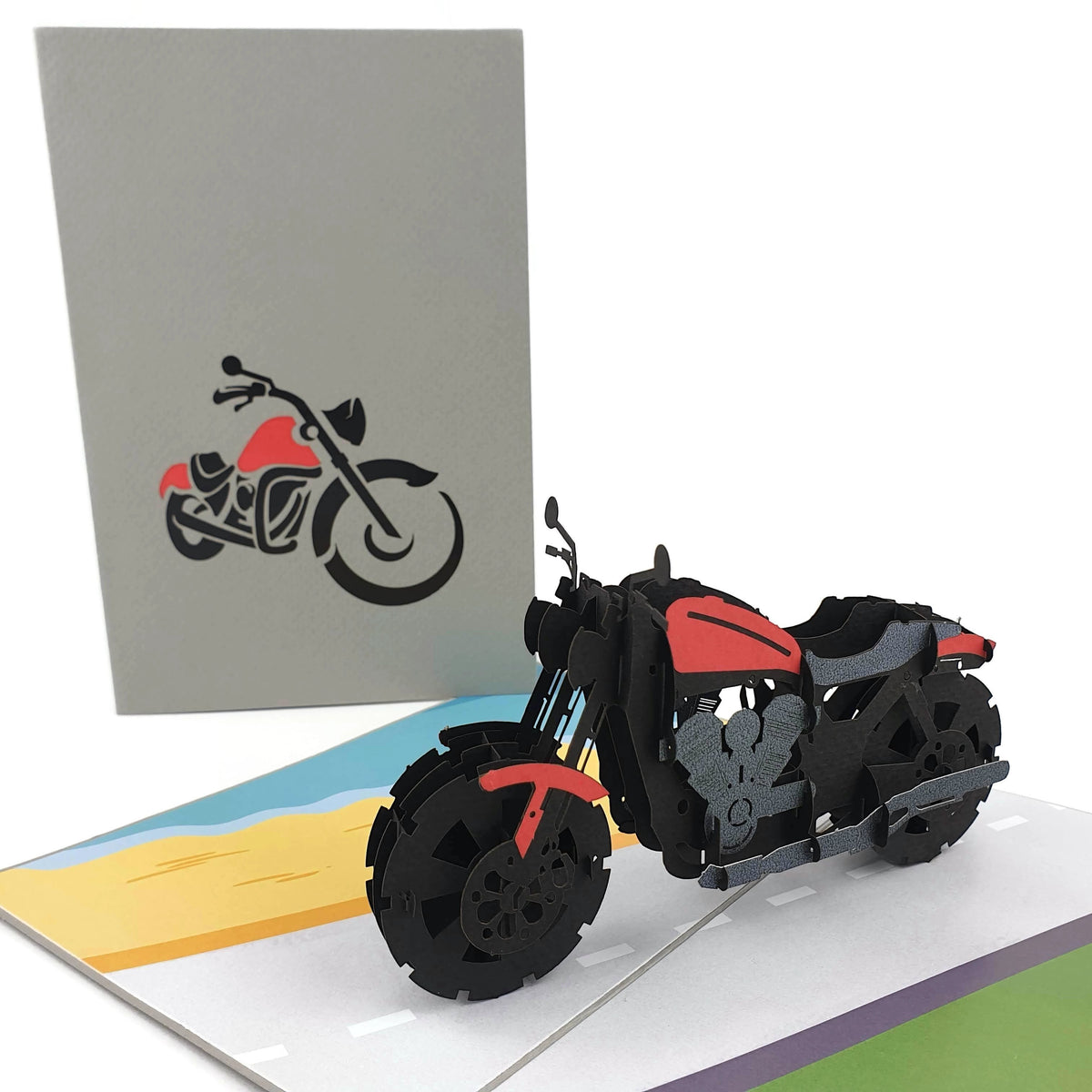 Color Pop Cards 3D red and black motorcycle pop up card with detailed design. Includes envelope and note.
