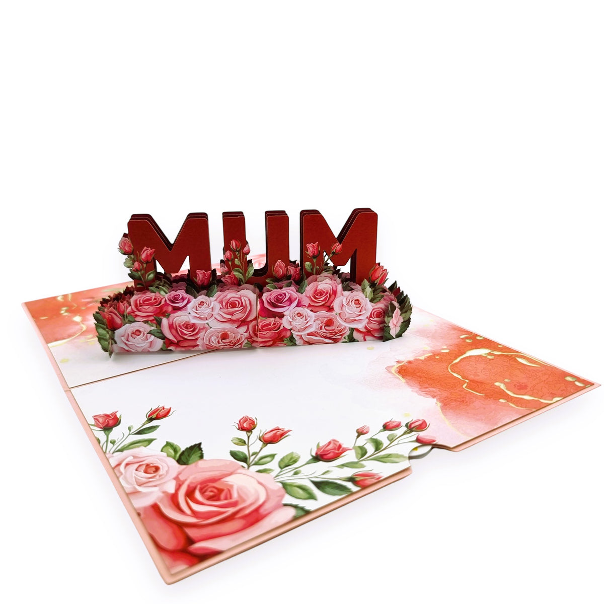Color Pop Cards floral pop up card for Mum with red 3D lettering surrounded by pink roses.