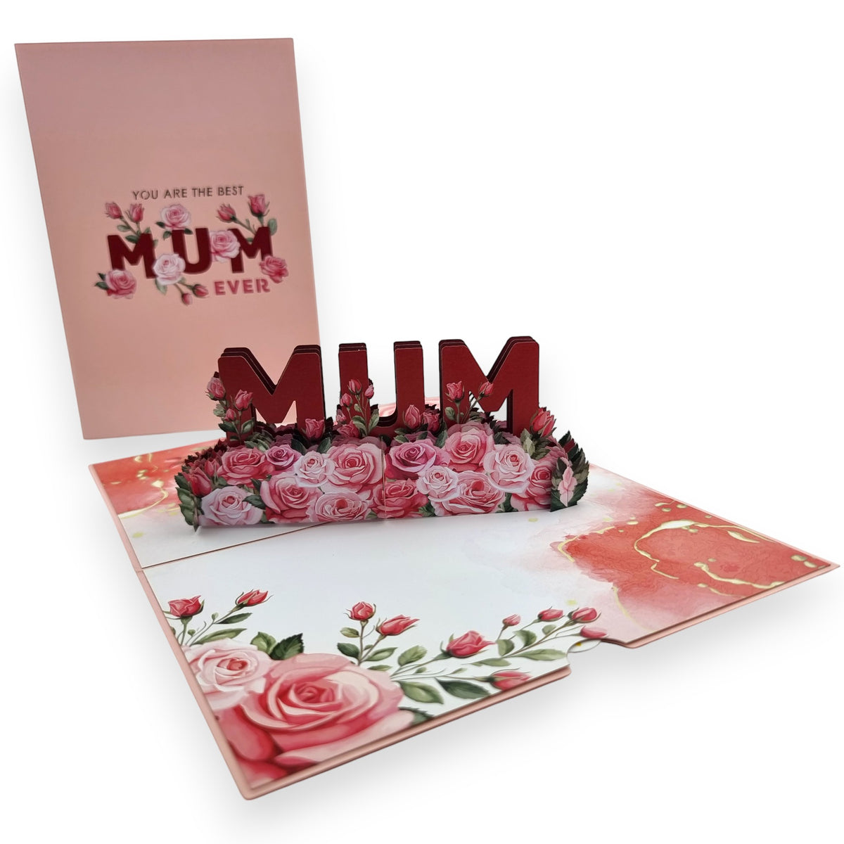 Color Pop Cards Mum pop-up card with pink roses and "MUM EVER" text. Perfect for Mother's Day.