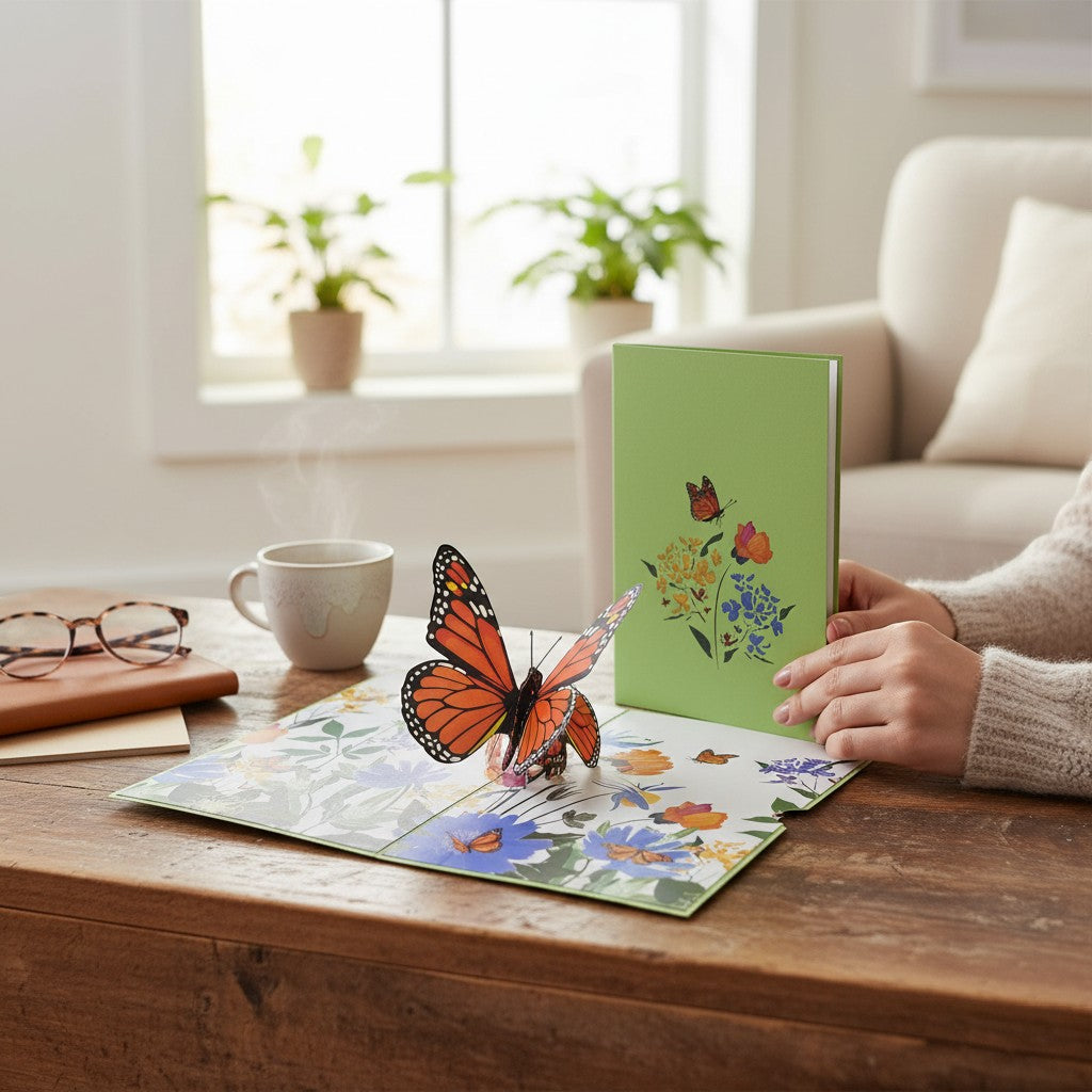 Color Pop Cards Orange Butterfly Pop Up Card with floral design and 3D butterfly.