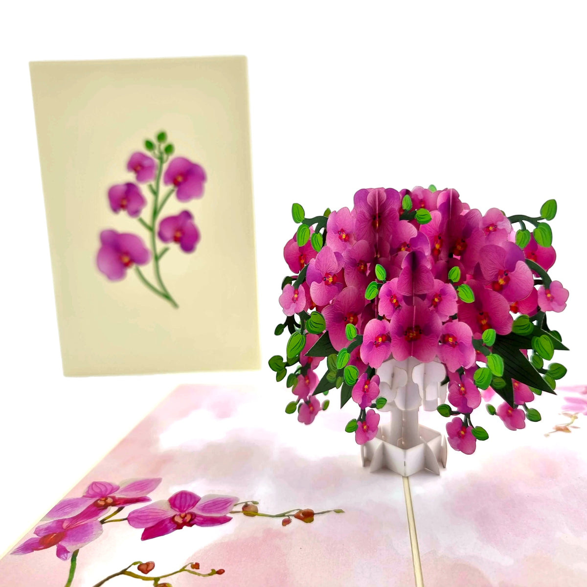 Color Pop Cards Orchid Bouquet Pop Up Card with pink orchids in a white vase, perfect for special occasions.