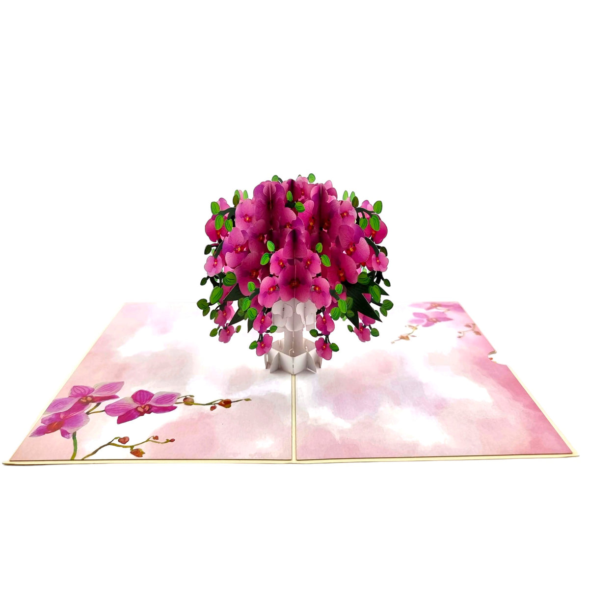 Color Pop Cards Orchid Bouquet Pop Up Card with pink orchids in a white vase on a pink floral background.