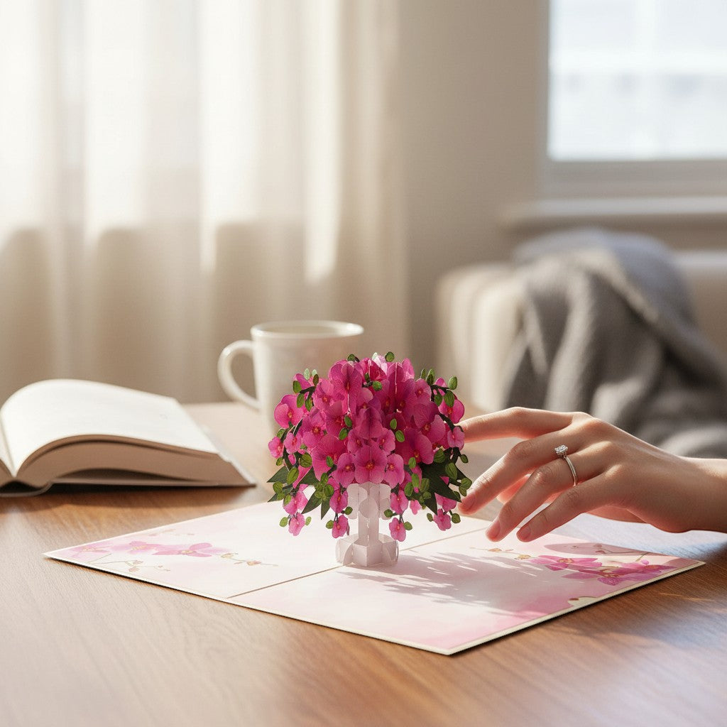 Color Pop Cards Orchid Bouquet Pop Up Card with pink orchids in a white vase, perfect for Mother's Day or anniversaries.